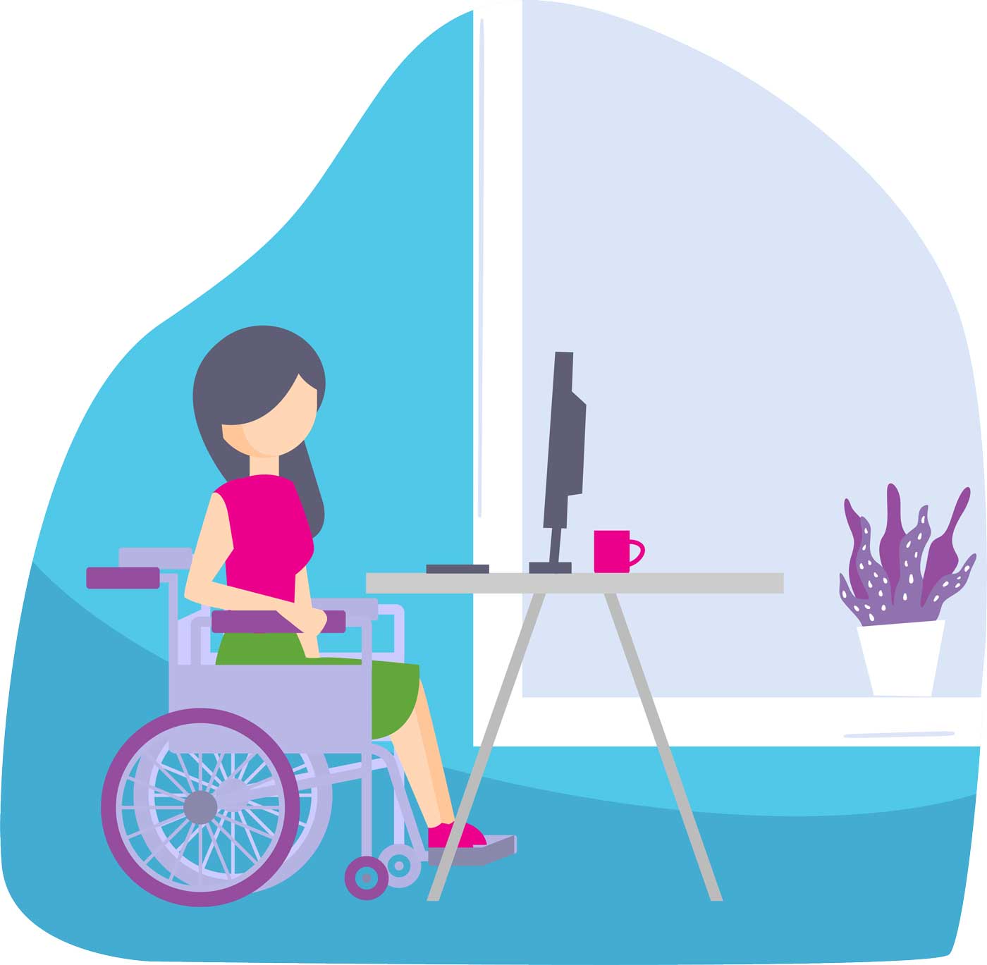 Cartoon of a young woman in a wheelchair working at her computer